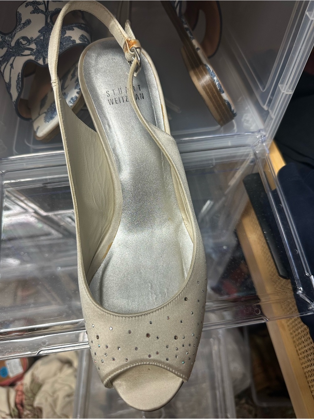 Stuart Weitzman Ivory Slingback Peep-Toe Heels with Rhinestone Detail